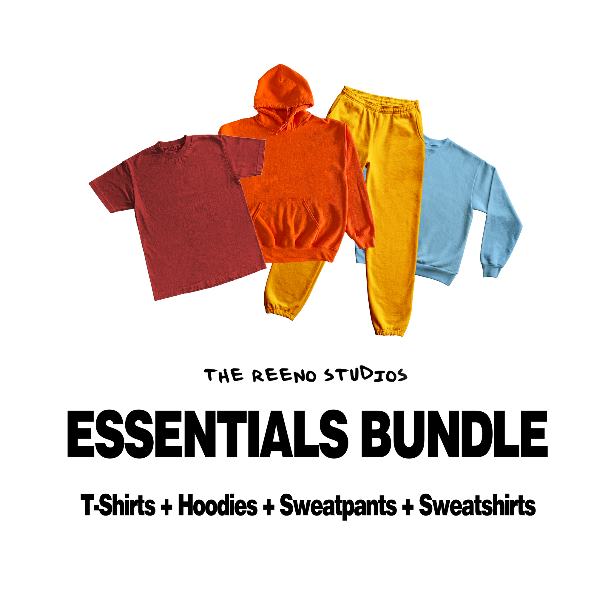 Download Essentials Bundle T Shirt Hoodie Sweatpants Sweatshirt Mockup P Reeno Studios