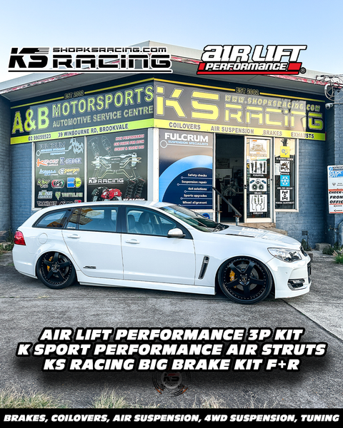 HOLDEN COMMODORE VF WAGON WITH KS RACING BIG BRAKE KIT AND AIRLIFT PERFORMANCE 3P AIR SUSPENSION