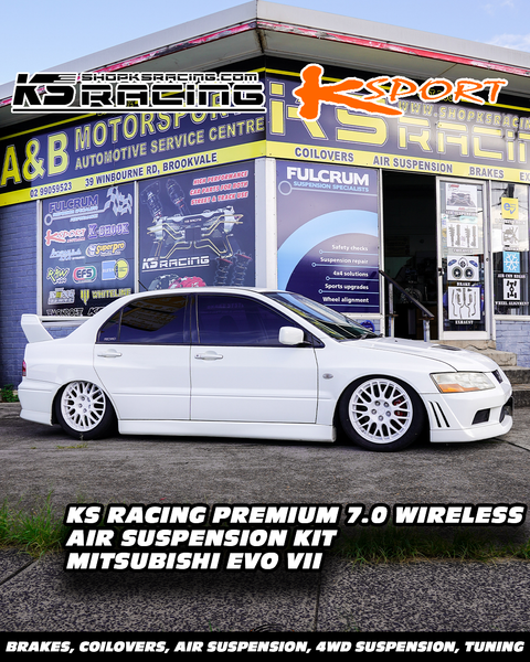 Mitsubishi lancer evolution EVO 7 with Ks racing air suspension airbag with KSPORT air struts on air ride airlift life on air experience the smooth ride and adjustable height of an advanced air suspension system 