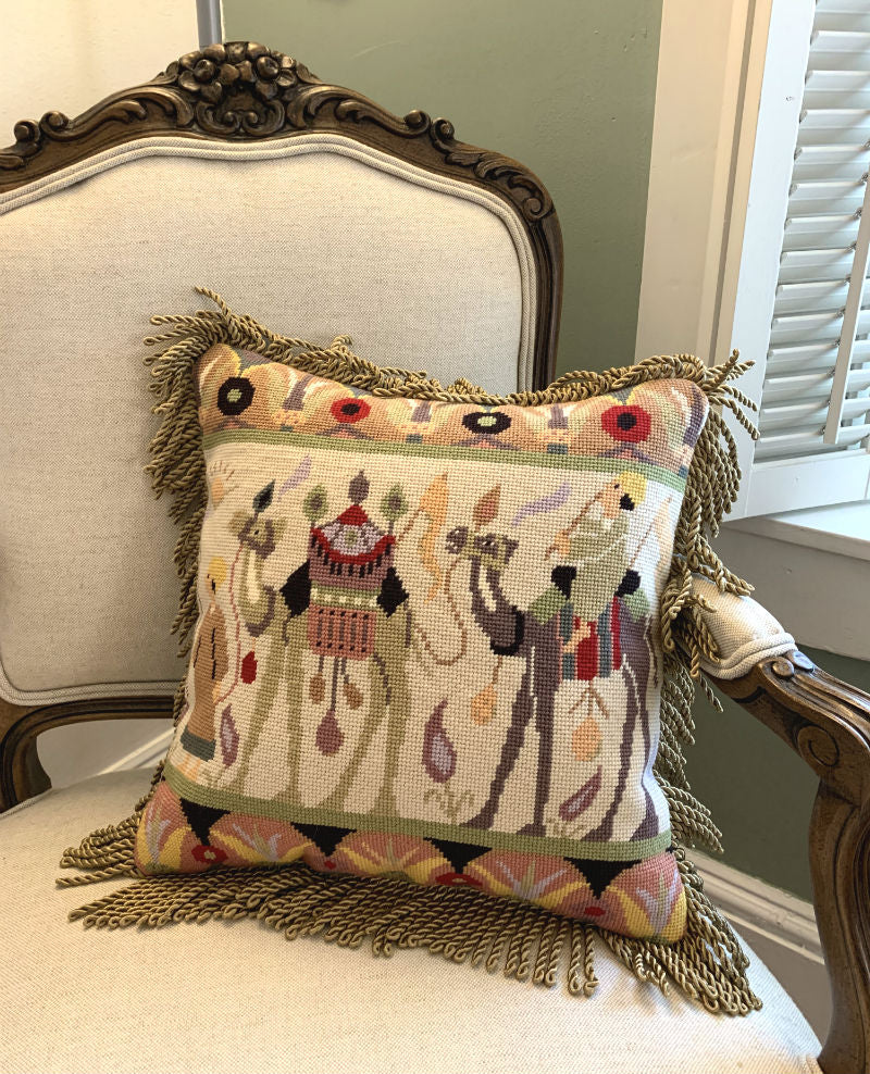 needlepoint pillow finishing with trim