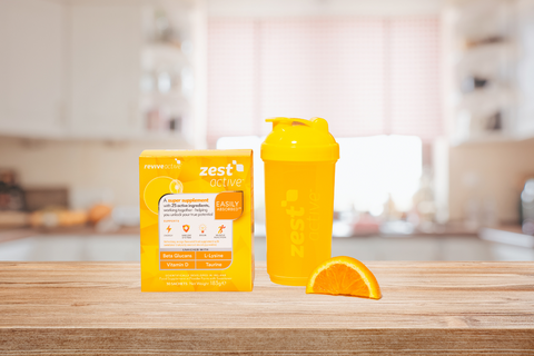 A box of Zest Active and Shaker on the kitchen counter