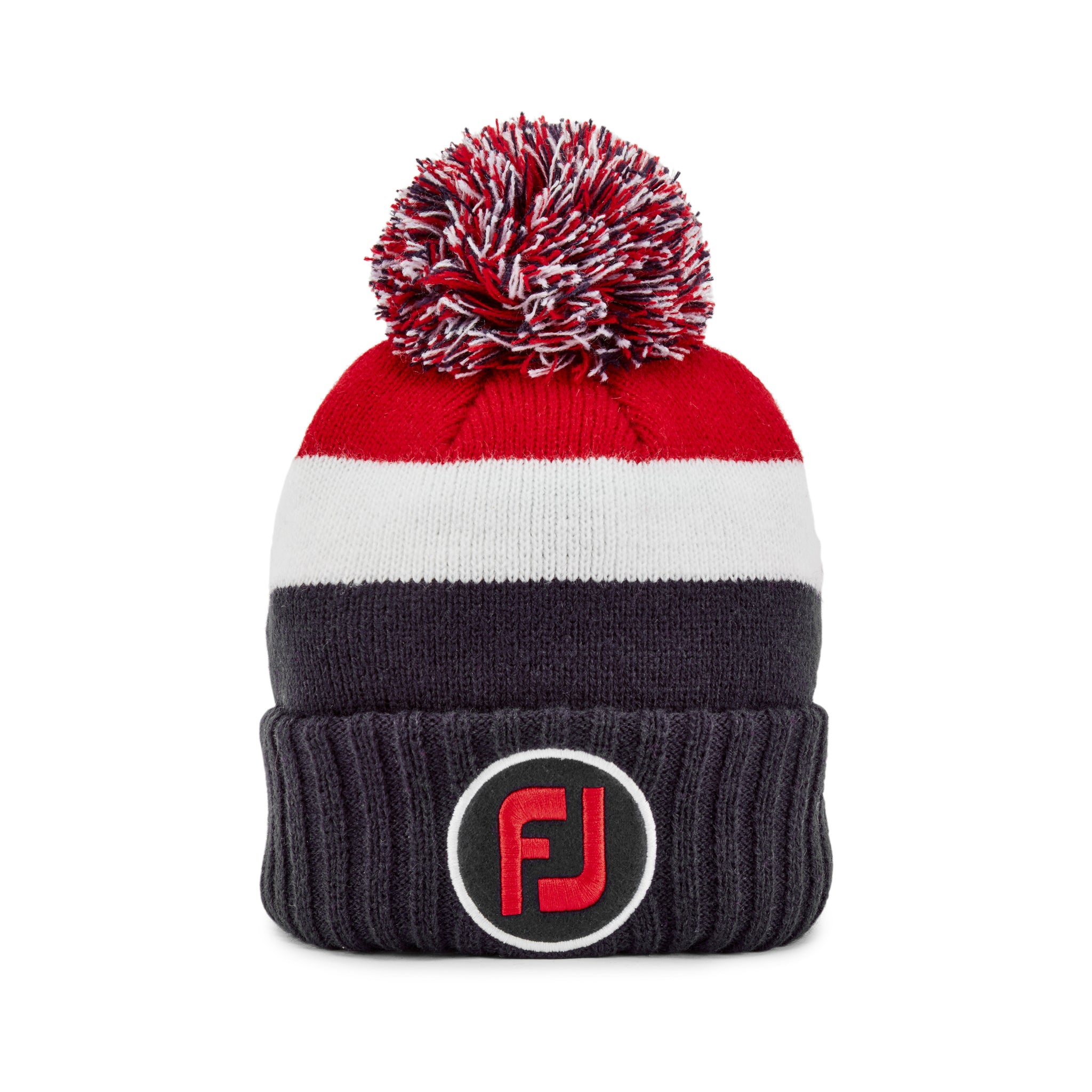 red beanie with white pom pom