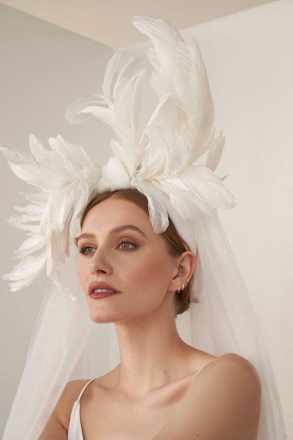 Bridal Ivory Silk Padded Headband, With Birdcage Chin Length Veil,  Detachable Veil, Fascinator, Duchess Satin Silk 