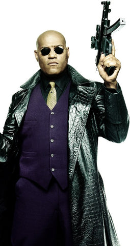 Morpheus from Matrix in black long leather coat and with a gun in his hand