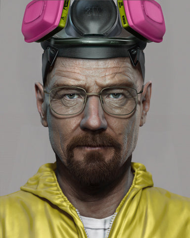 Walter White in een gele overall en een roze gasmasker 