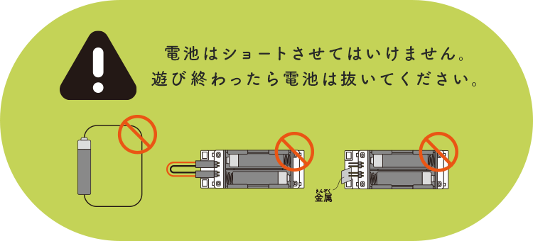 注意 | 電池はショートさせてはいけません。遊び終わったら電池は抜いてください。