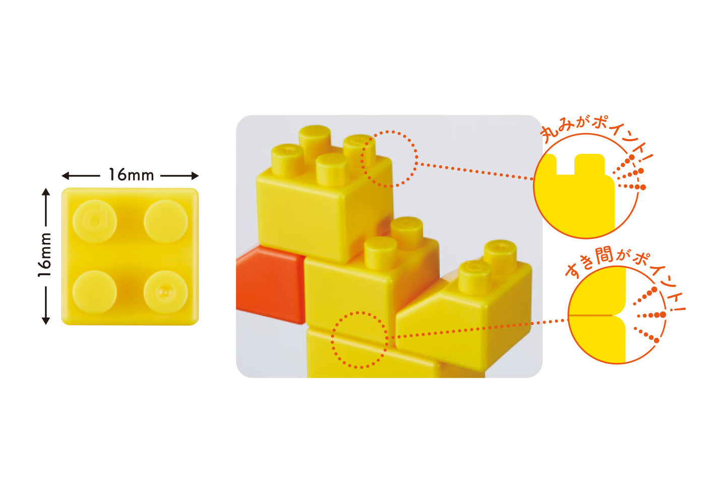 ブロックの角は丸く、ブロックのつけ外しがかんたんに行えます