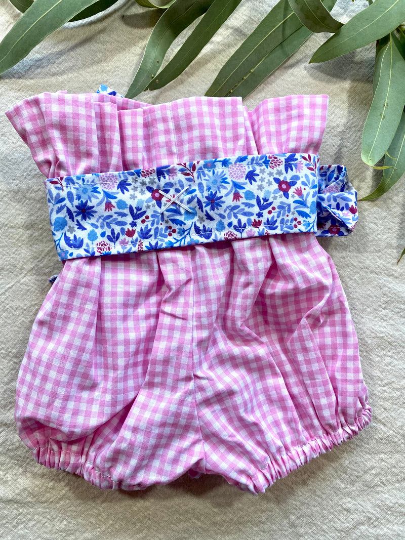 Paper Bag Bloomers - Pink Gingham with Blue Floral Sash