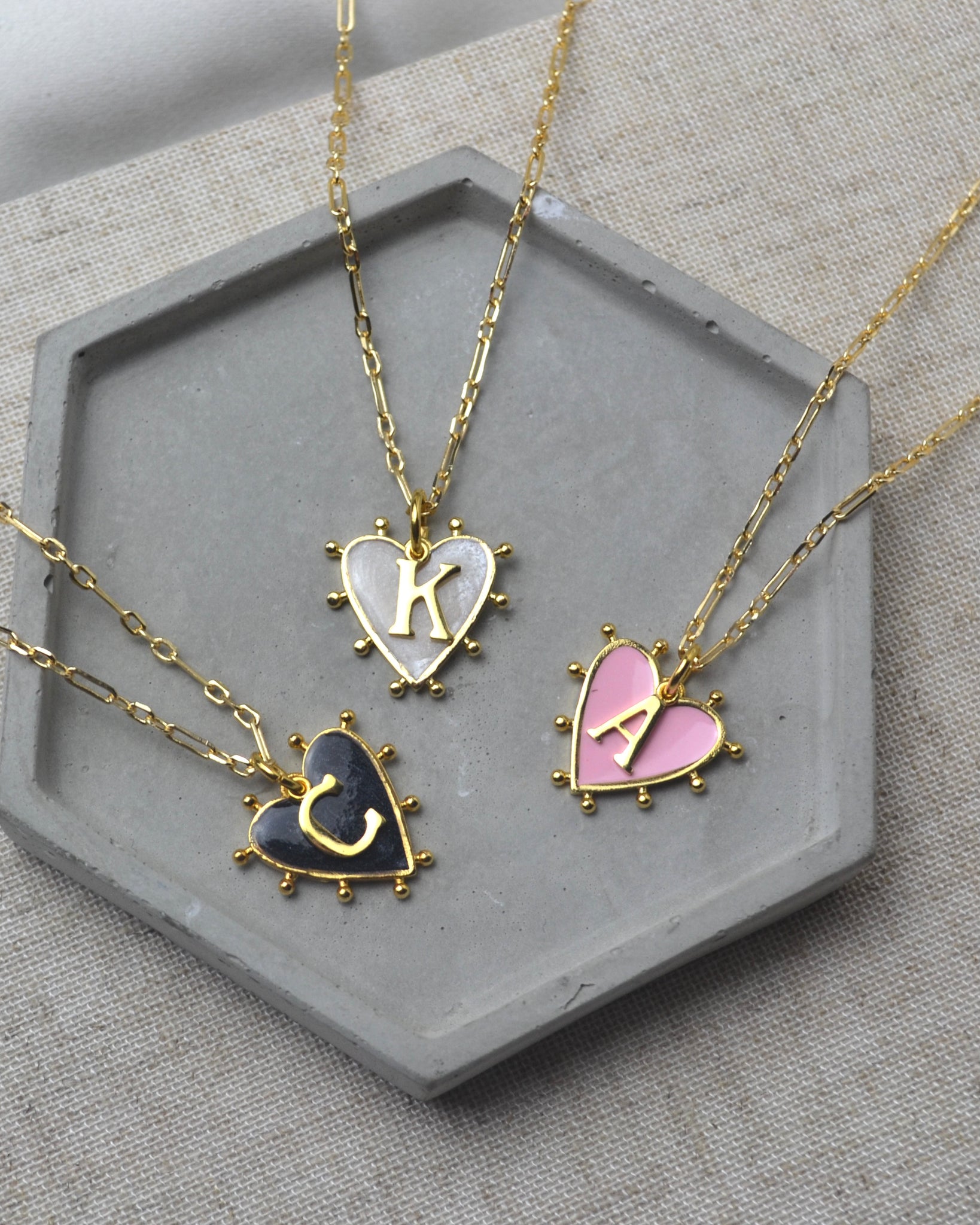 EVA | enamel heart and initial necklace (pink, white or black heart ...