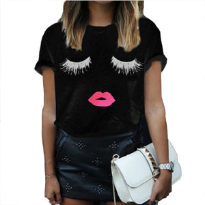 Fancy and casual women T-shirt with eyelash & sexy lips - 2 colors Tops- Emilie Bramly