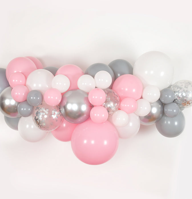 Bubblegum Pink White Gray And Silver Balloon Arch And Garland Kit 5 Shimmer Confetti