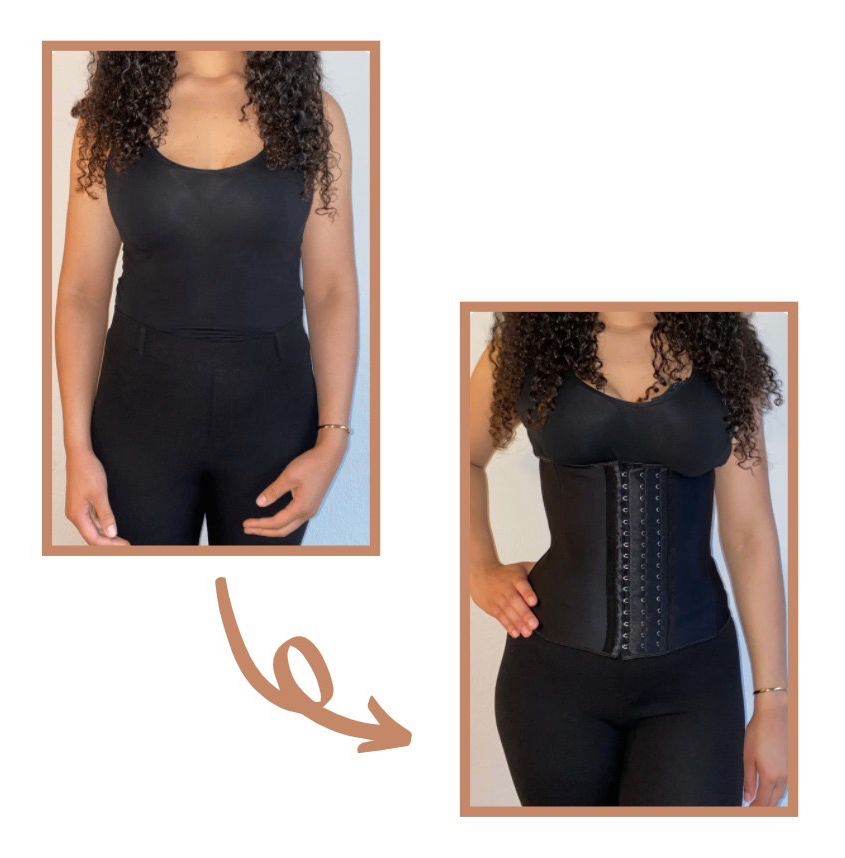 Waist Trainer aan foto before after slankere taille zandloperfiguur