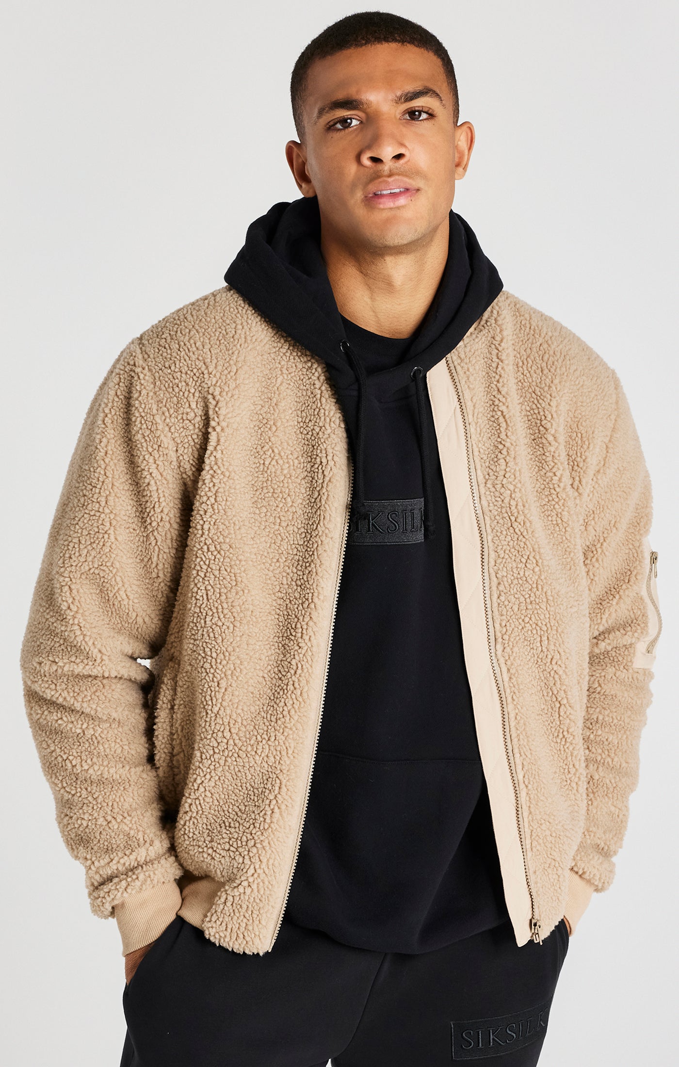 Beige Borg Bomber Jacket