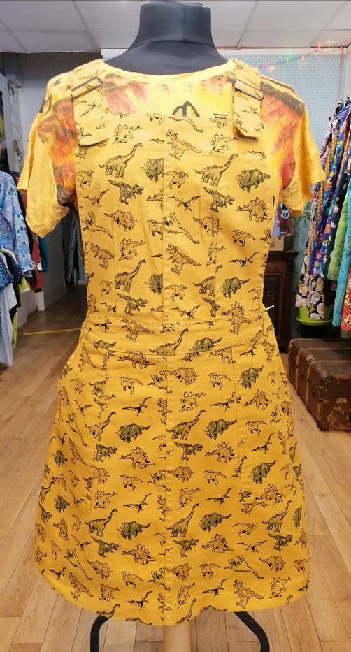 yellow dinosaur pinafore dress
