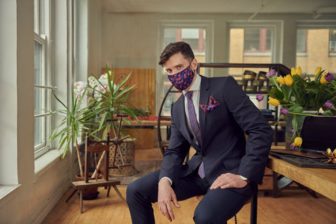 Matching Blue Necktie, Pocket Square, and Protective Silk Face Mask | Nathon Kong