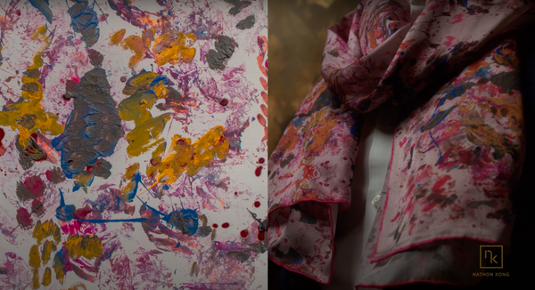 Pink Silk Designer Scarf Incorporating Artwork | Nathon Kong