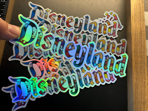 DisneyLand Full of Charachter Holographic vinyl, waterproof Sticker! Mickey Mouse and friends in Classic Disneyland Style Marquee Lettering