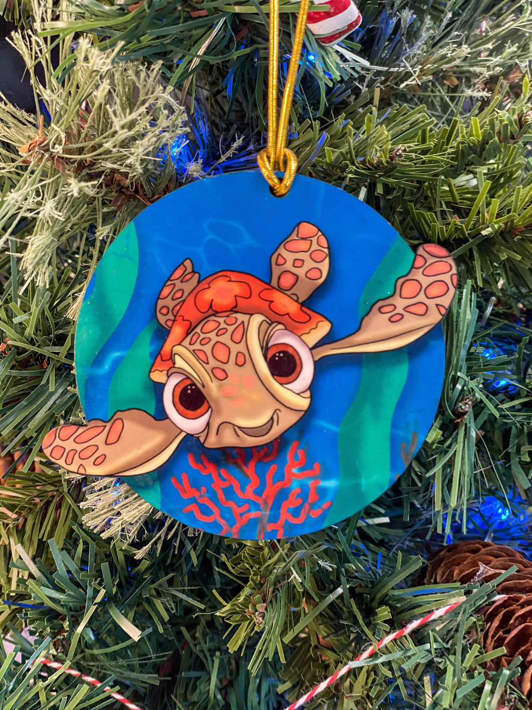 Finding Nemo sea turtle Squirt tropical Christmas Ornament. Disney sidekick Squirt Christmas ornament, hand drawn original Art.