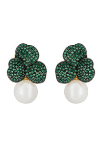 Iris Flower And Pearl Dangle Earrings Emerald Gold