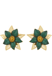 Marguerite Daisy Flower Large Stud Earrings Emerald Gold