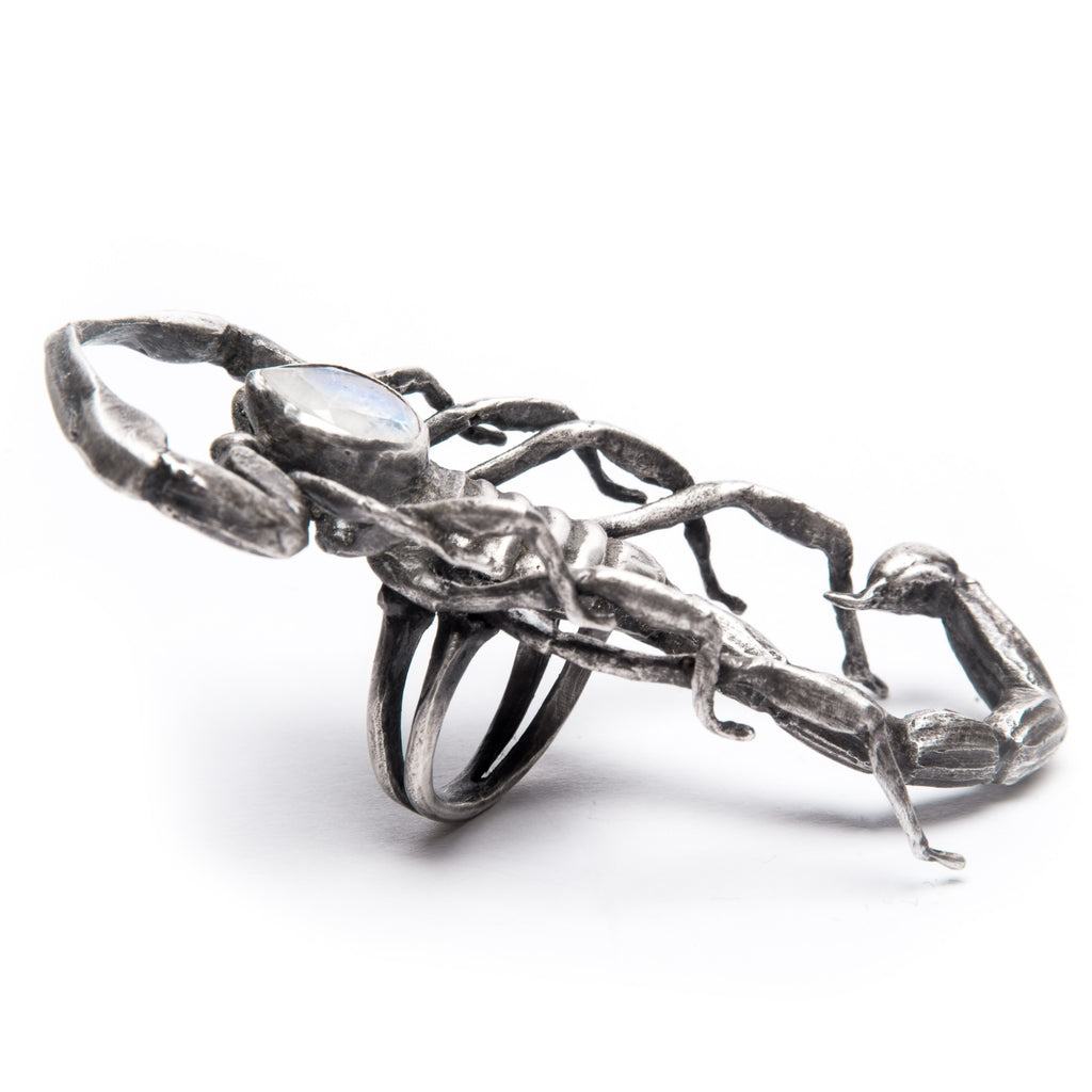 Selket: Large Scorpion Ring with Moonstone – Blood Milk Jewels