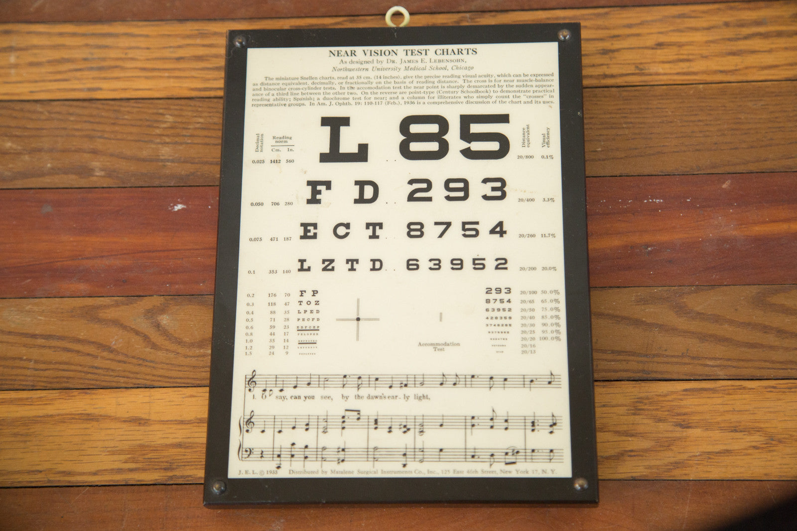 Antique Eye Chart Near Vision Exam Plaque