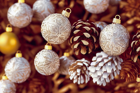 weiße verzierte Weihnachtskugeln liegen zwischen Tannenzapfen und goldenen Kugeln