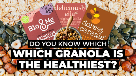 boxes of granola with text over the top asking: which granola is the healthiest?