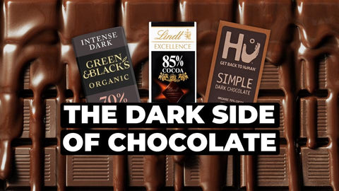 The dark side to chocolate heading, with a chocolate background and branded chocolate bars such as Lindt 