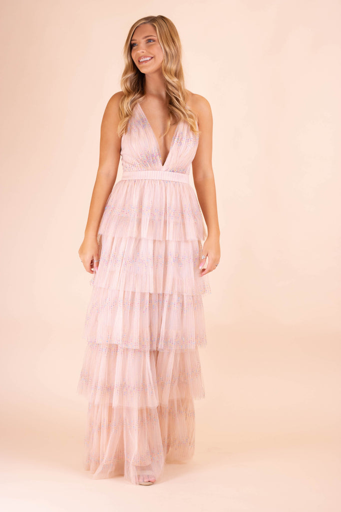 pink glitter maxi dress