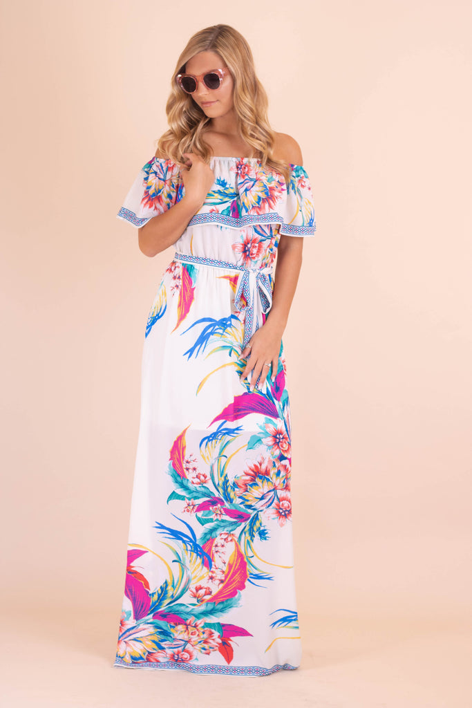 off the shoulder tropical maxi dress