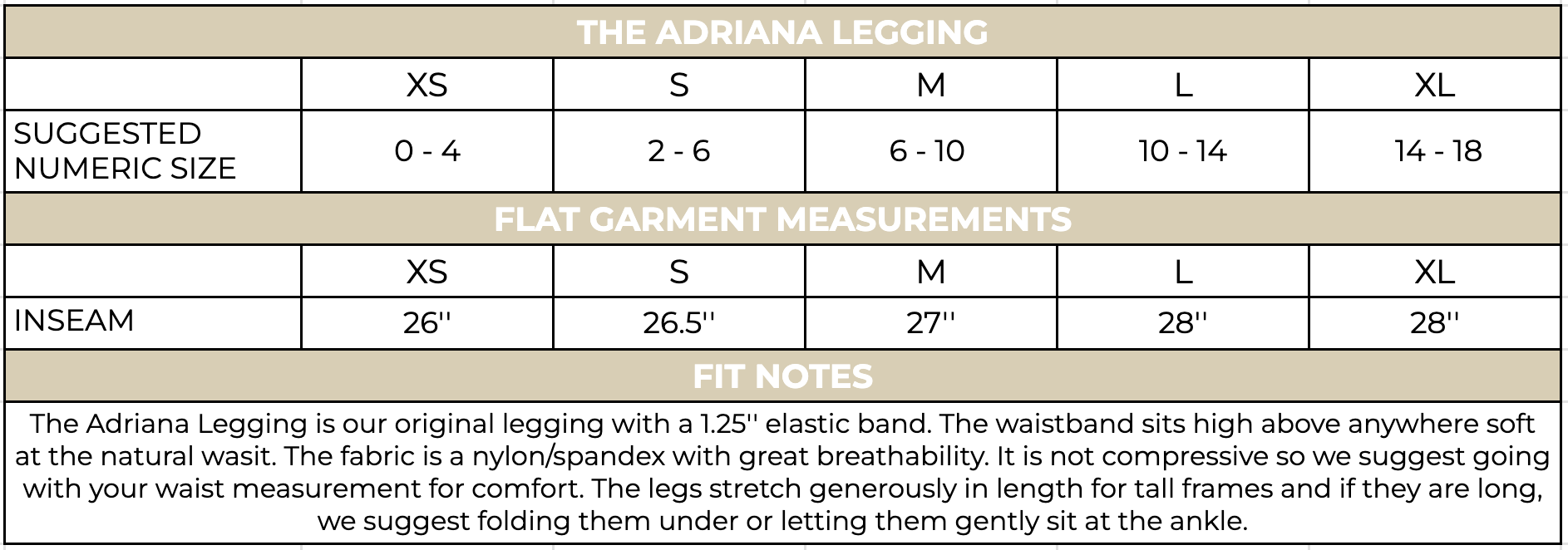 Adriana Legging Size Chart 