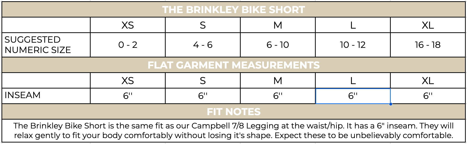Brinkley Bike Shorts Size Chart