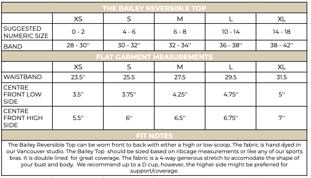 The Bailey Top Size Chart