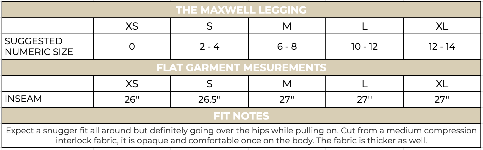 Maxwell Legging Size Chart