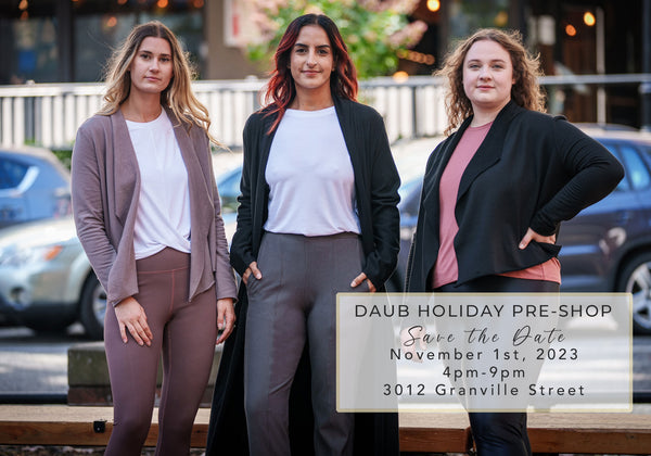 Three girls wear fleece and activewear pieces from local Vancouver brand, DAUB. Each wears a jacket and bottom designed to make you feel comfortable and confident.