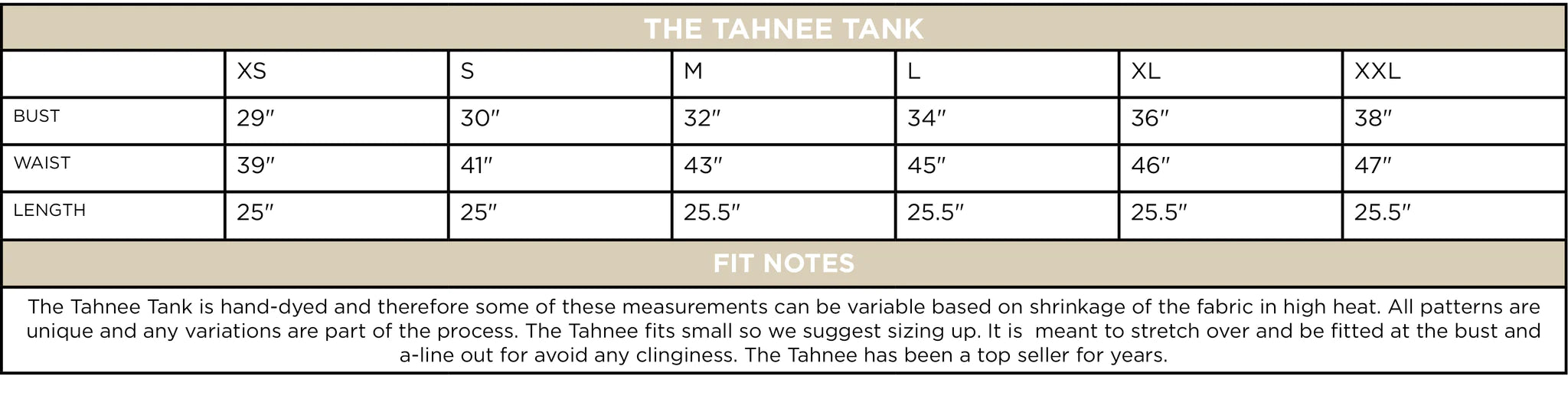 Tahnee Tank Size Chart