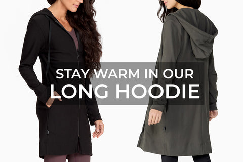 The Long Hoodie from DAUB is a client favourite. We love how it keeps us warm from season to season and transitions easily. We wear it as a base layer under our parka's in the winter too! A must-have-large-enough hood to keep your entire head covered! 