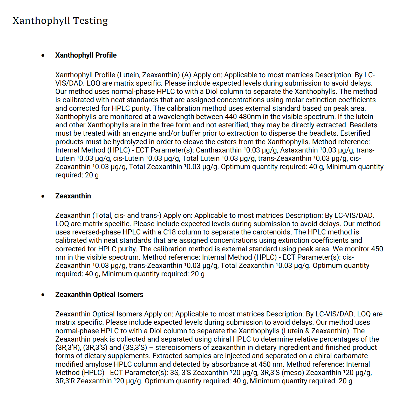 xanthophyll testing methods