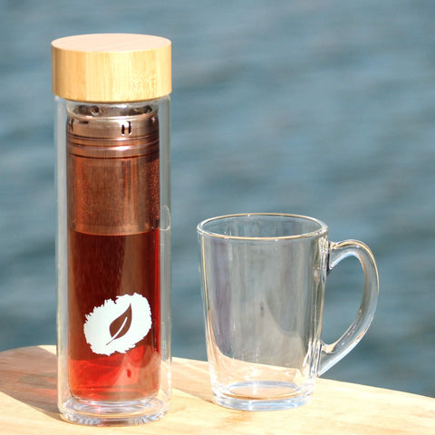 Tasse infuseur à thé avec passoire à thé, deux couvercles et paille - Bleu  