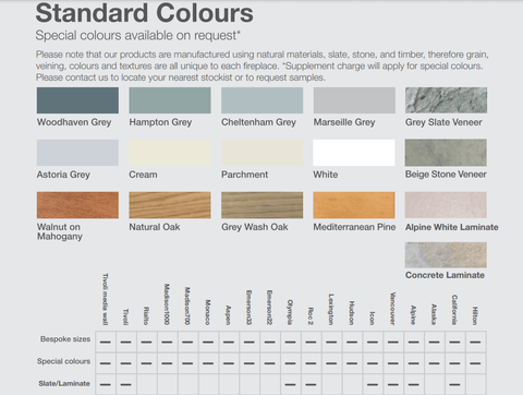 OER Fireplaces Standard paint Colours