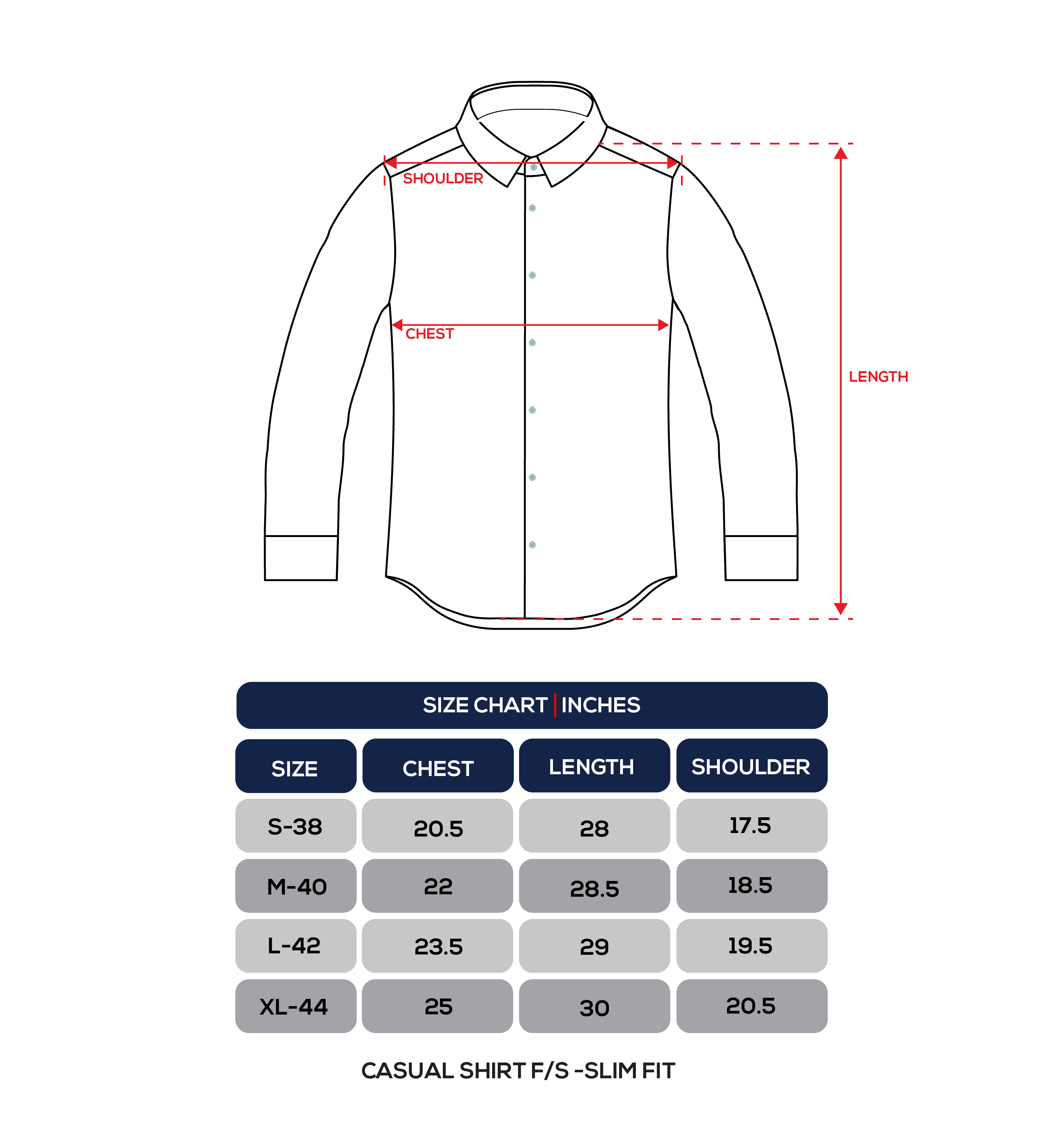 JDC shirts half sleeve size guide in inches