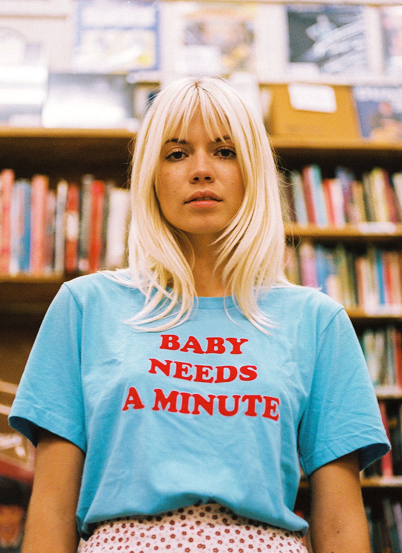 baby blue and red graphic tee