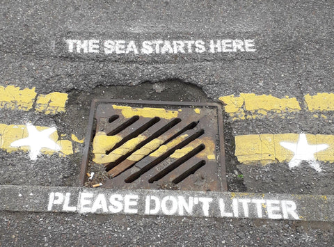 Image of a street drain with graffiti text saying "the sea starts here please don't litter'