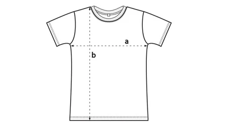 Graphic of a t-shirt with annotation for a size guide