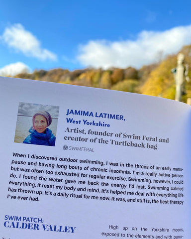 Page from The Art of Wild Swimming with Jamima's intro about why she swims alongside a photograph of her. 