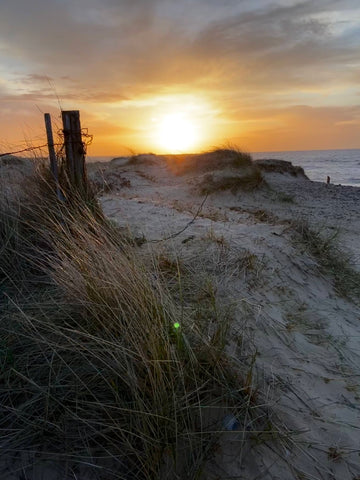 A shot from the beach with the sand dunes and sun setting in the background