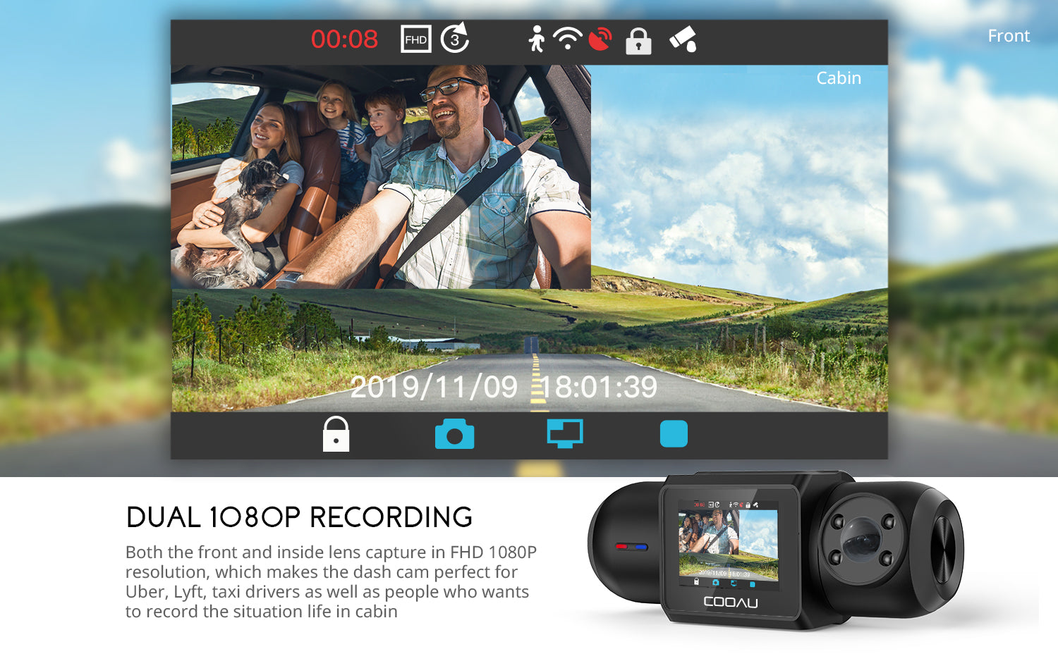 COOAU Car Dash Cam WiFi, 2.5K Dash Camera Front and Inside, Uber