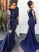 Sweep Train Blue Evening Dresses with Long Sleeves