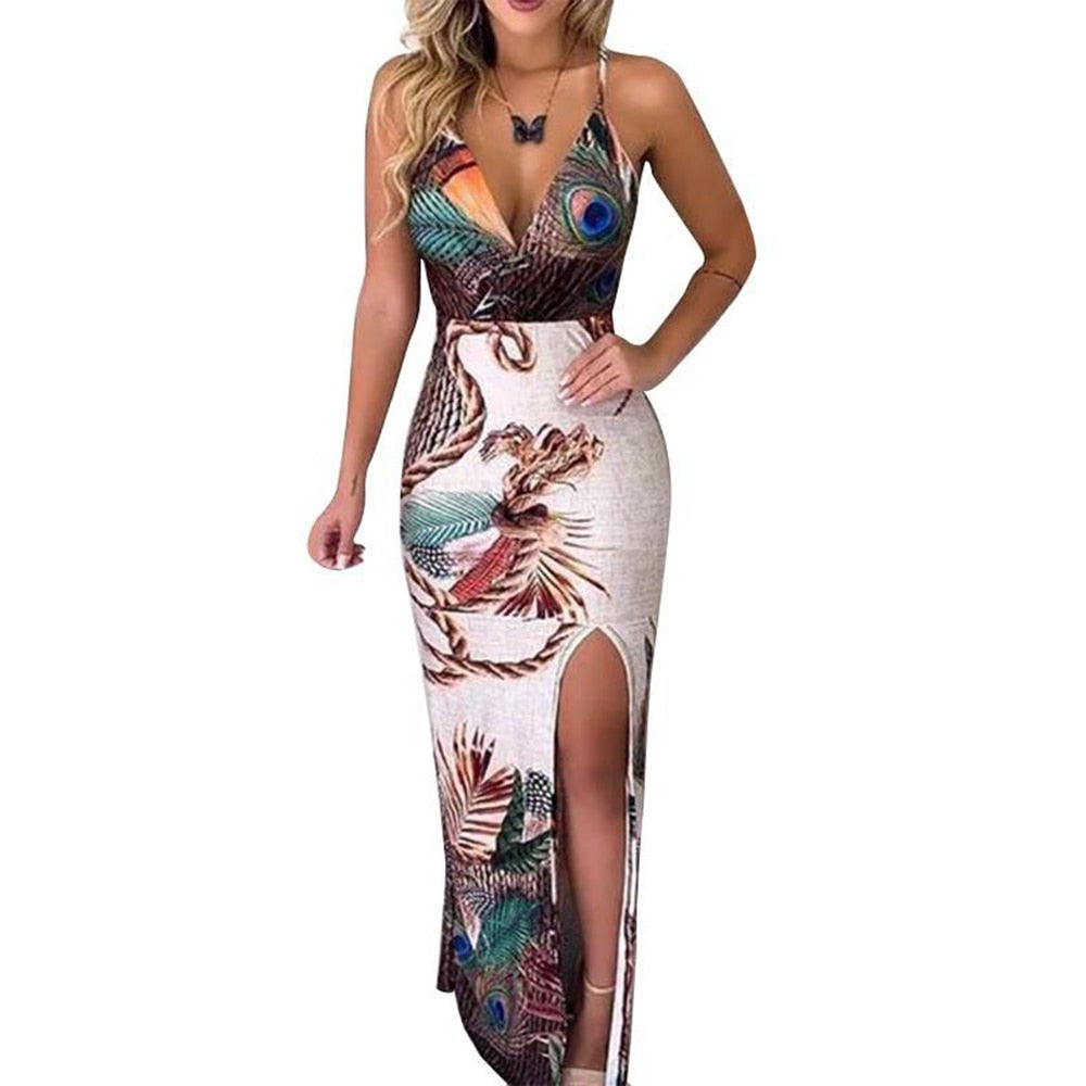 peacock feather print thigh slit slip dress